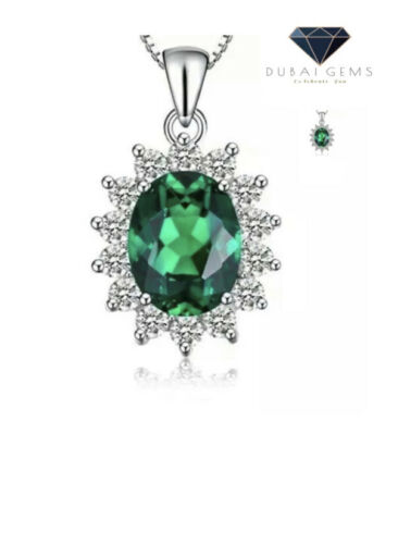 White Gold Finish Green Emerald and Created Diamond Oval Pendant Necklace Boxed