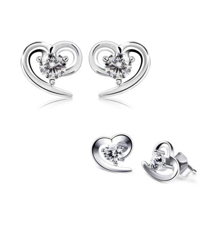 White Gold Finish Round Cut Heart Created Diamond Stud Earrings