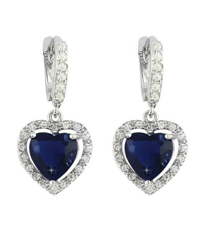 White Gold Finish Blue Sapphire Heart Cut Droplet Earrings with Created Diamonds | Elegant Dangle Jewellery