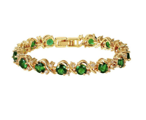 Yellow Gold Finish Green Emerald Twist Tennis Bracelet – Elegant Jewelry Gift