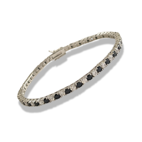 White Gold Finish Created Diamond Black Onyx Round Cut Tennis Bracelet