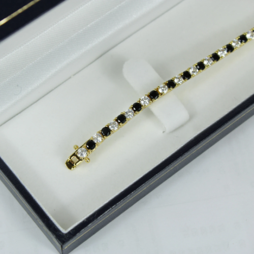 Yellow Gold Finish Created Diamond Black Onyx Round Cut Tennis Bracelet