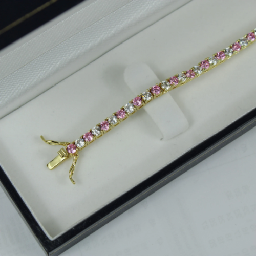 Yellow Gold Finish Created Diamond Pink Tourmaline Round Cut Tennis Bracelet