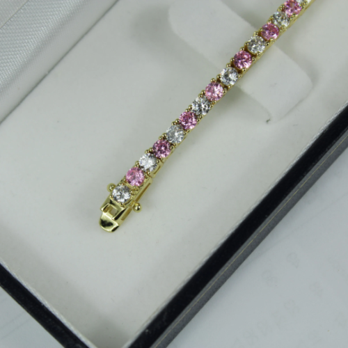 Yellow Gold Finish Created Diamond Pink Tourmaline Round Cut Tennis Bracelet