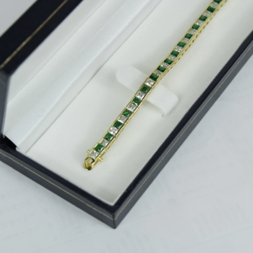 Yellow Gold Finish Created Diamond Green Emerald Princess Cut Tennis Bracelet