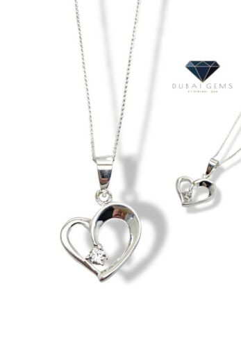 White Gold Finish Created Diamond Single Stone Heart Pendant Necklace