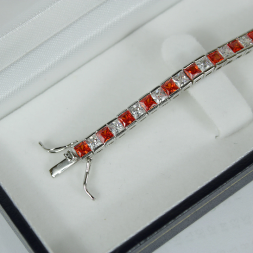 White Gold Finish Created Diamond Red Ruby Princess Cut Tennis Bracelet