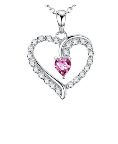 White Gold Finish Tourmaline Heart Pendant and Created Diamond Chain Necklace