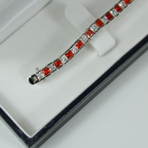 White Gold Finish Created Diamond Red Ruby Princess Cut Tennis Bracelet