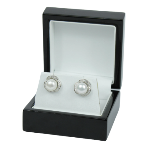 White Gold Finish Created Diamond Swirl Pearl Women’s Stud Earrings