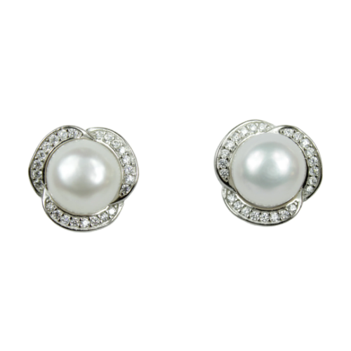 White Gold Finish Created Diamond Swirl Pearl Women’s Stud Earrings