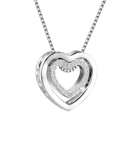 White Gold Finish Double Heart Created Diamond Pendant Necklace