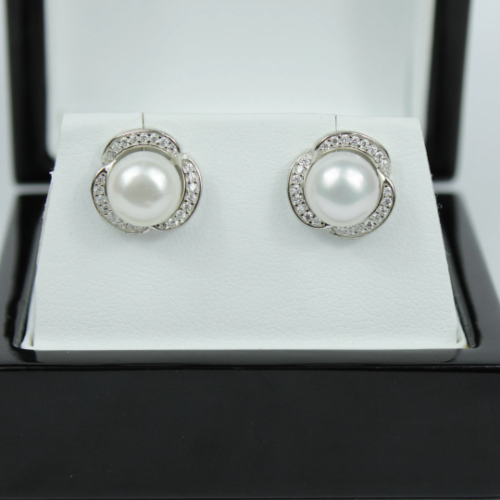 White Gold Finish Created Diamond Swirl Pearl Women’s Stud Earrings