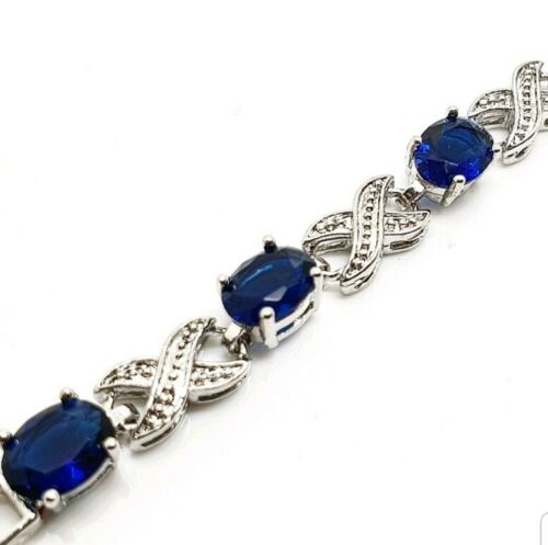 White Gold Finish blue sapphire and created diamond bracelet love and kisses