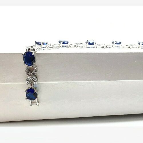 White Gold Finish blue sapphire and created diamond bracelet love and kisses