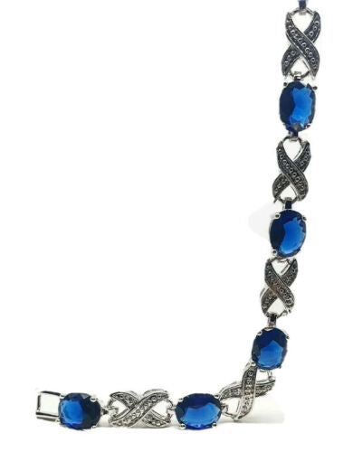 White Gold Finish blue sapphire and created diamond bracelet love and kisses