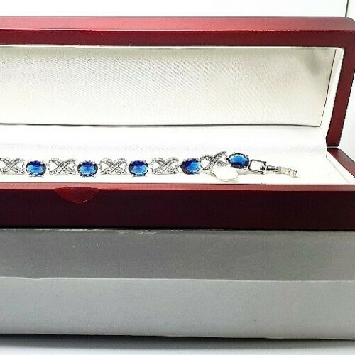 White Gold Finish blue sapphire and created diamond bracelet love and kisses