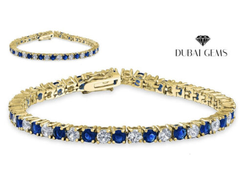 Yellow Gold Finish Blue Sapphire and Created Diamond Tennis Bracelet + Gift Box