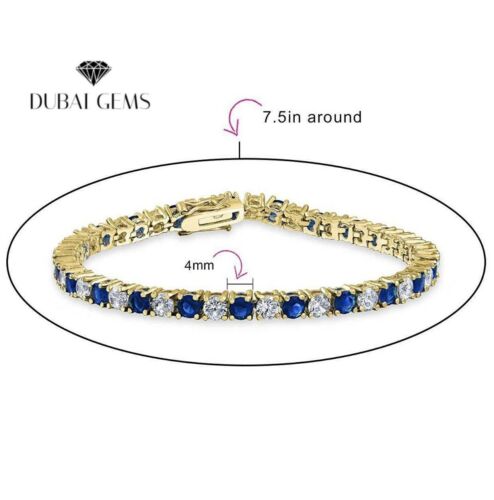 Yellow Gold Finish Blue Sapphire and Created Diamond Tennis Bracelet + Gift Box