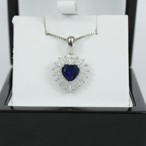 White Gold Finish Created Diamond And Sapphire Heart Cut Pendant Necklace