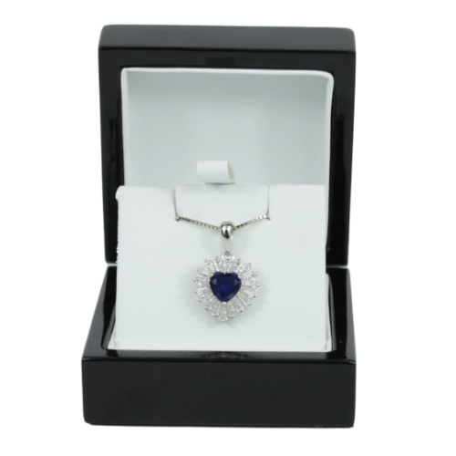 White Gold Finish Created Diamond And Sapphire Heart Cut Pendant Necklace