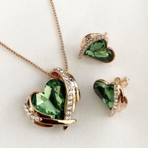 Rose Gold Finish Emerald Heart and Created Diamond Necklace Earrings