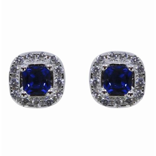 WHITE GOLD FINISH Square Cut Blue Sapphire and Created Diamond Stud Earrings
