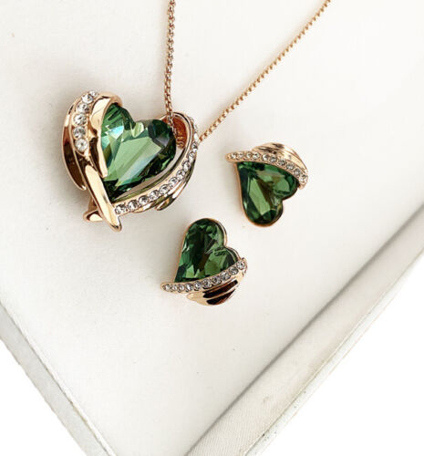 Rose Gold Finish Emerald Heart and Created Diamond Necklace Earrings