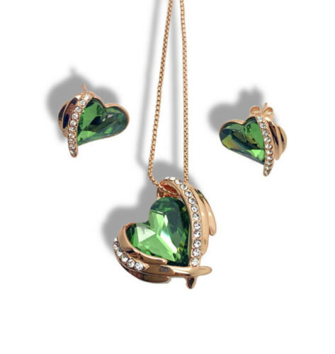 Rose Gold Finish Emerald Heart and Created Diamond Necklace Earrings