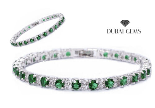 White Gold Finish Green Emerald and Oval Cut Created Diamond Tennis Bracelet + Gift Box