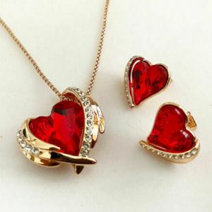 Rose gold finish heart Angel Red Ruby And created diamond necklace And Earrings