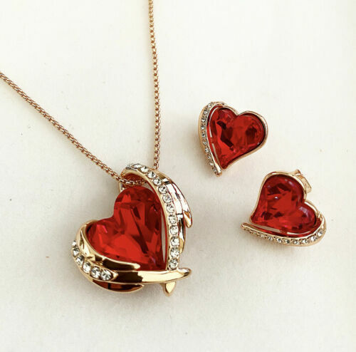 Rose gold finish heart Angel Red Ruby And created diamond necklace And Earrings