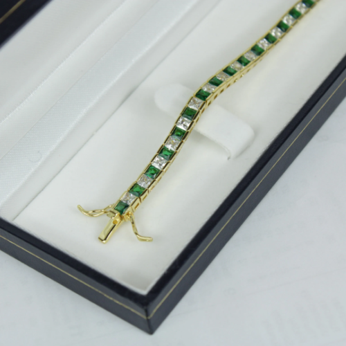 Yellow Gold Finish Created Diamond Green Emerald Princess Cut Tennis Bracelet