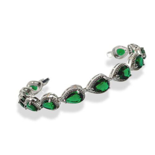 White gold finish Emerald and created diamonds pear cut bracelet