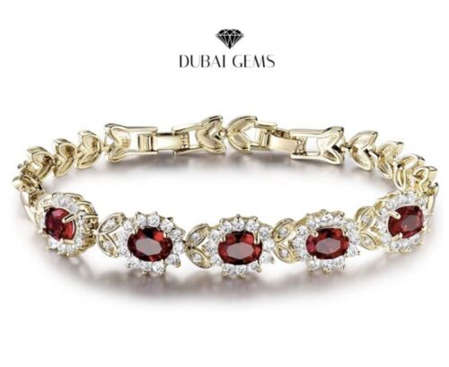 Yellow Gold Finish Flower Cluster Red Ruby & Created Diamond Tennis Bracelet – Elegant Fine Jewellery Gift