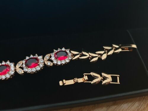 Yellow Gold Finish Flower Cluster Red Ruby & Created Diamond Tennis Bracelet – Elegant Fine Jewellery Gift