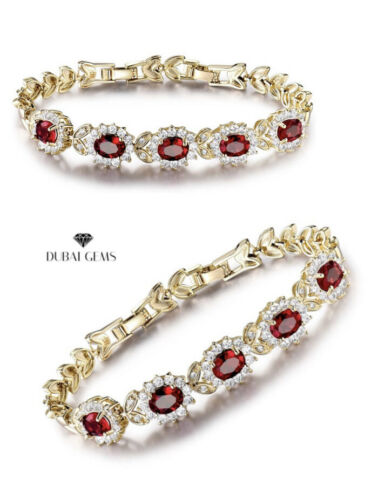 Yellow Gold Finish Flower Cluster Red Ruby & Created Diamond Tennis Bracelet – Elegant Fine Jewellery Gift