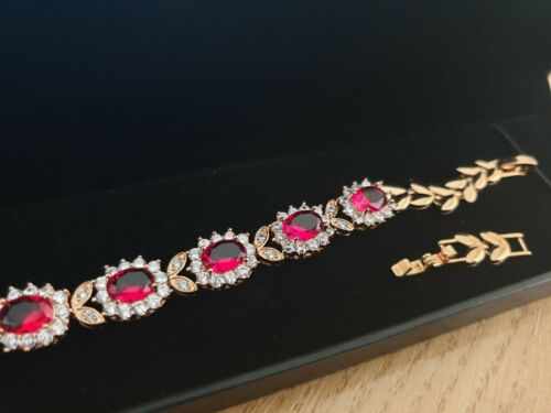 Yellow Gold Finish Flower Cluster Red Ruby & Created Diamond Tennis Bracelet – Elegant Fine Jewellery Gift