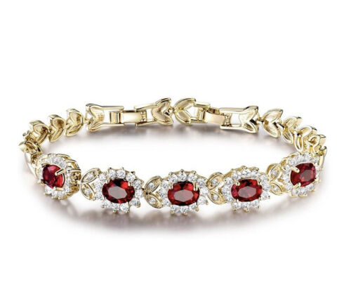 Yellow Gold Finish Flower Cluster Red Ruby & Created Diamond Tennis Bracelet – Elegant Fine Jewellery Gift