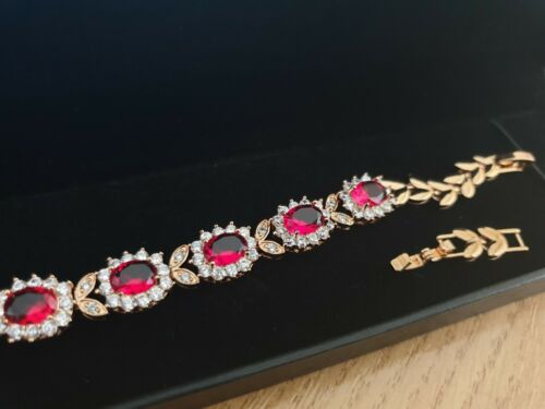 Yellow Gold Finish Flower Cluster Red Ruby & Created Diamond Tennis Bracelet – Elegant Fine Jewellery Gift