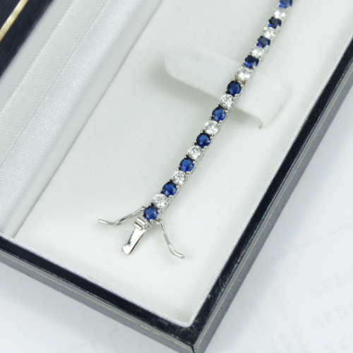 White gold finish blue sapphire round cut created diamond necklace and bracelet