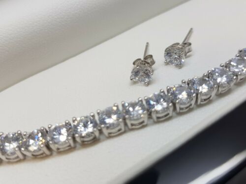 White Gold Finish Created Diamond Bracelet & Earrings set comes in Luxury Wooden Box