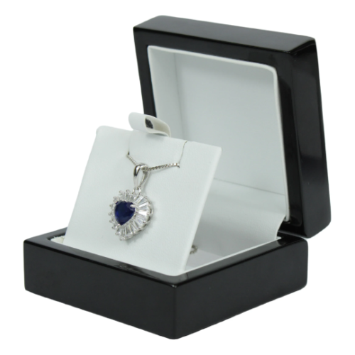 White Gold Finish Created Diamond And Sapphire Heart Cut Pendant Necklace