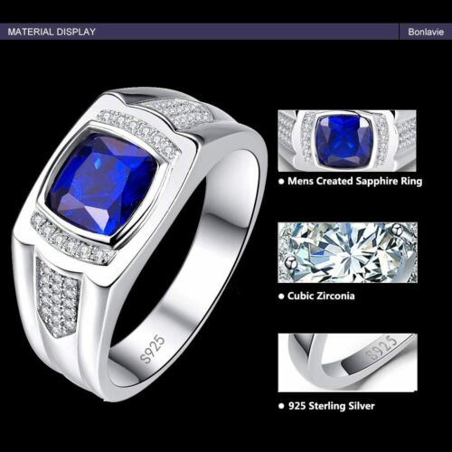 925 Sterling Silver Created Blue Sapphire And Created Diamond Men’s Signet Ring