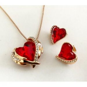 Rose gold finish heart Angel Red Ruby And created diamond necklace And Earrings