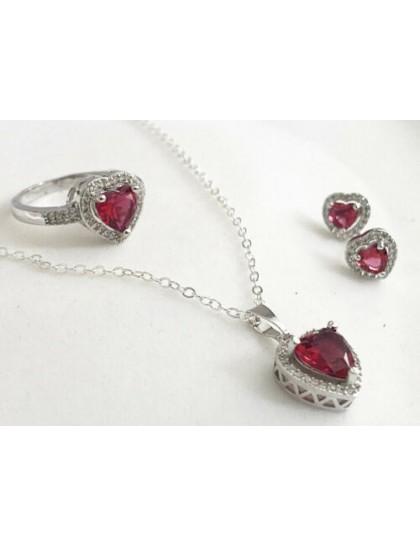 White gold finish Red Ruby & created diamond Heart necklace Earrings Ring