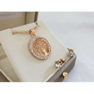 Yellow gold finish tree of life circle pendant necklace