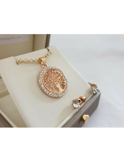 Yellow gold finish tree of life circle pendant necklace