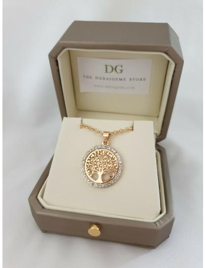 Yellow gold finish tree of life circle pendant necklace