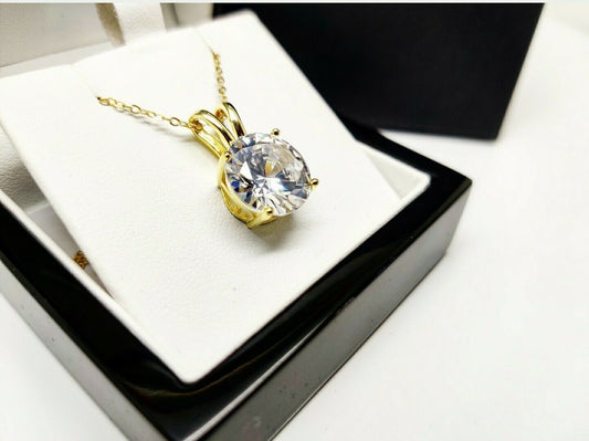 Yellow gold finish solitaire and round cut created diamond pendant necklace